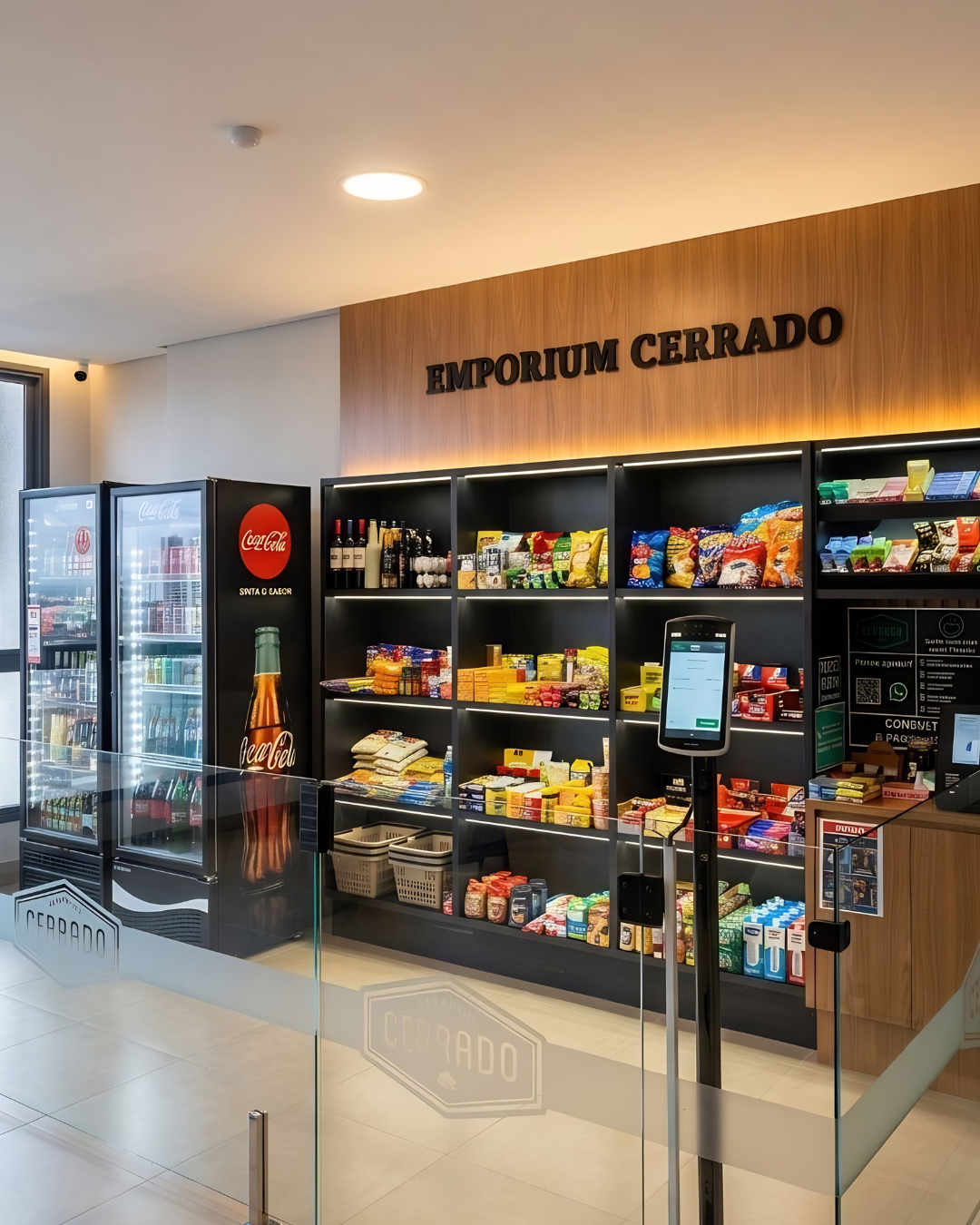 Área de checkout com totem de autoatendimento